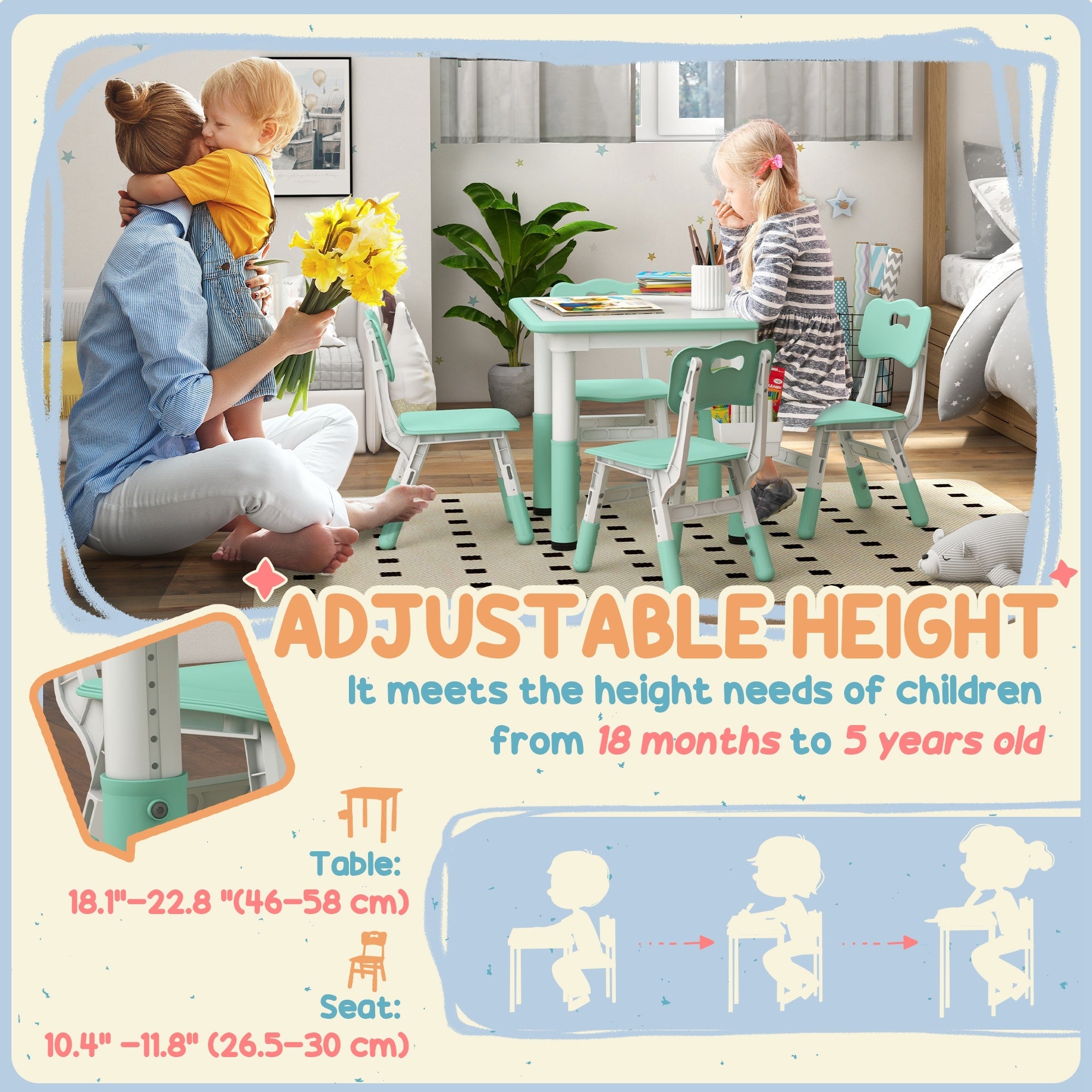 Height Adjustable 5pc Toddler Table and Chair Set with Storage Box