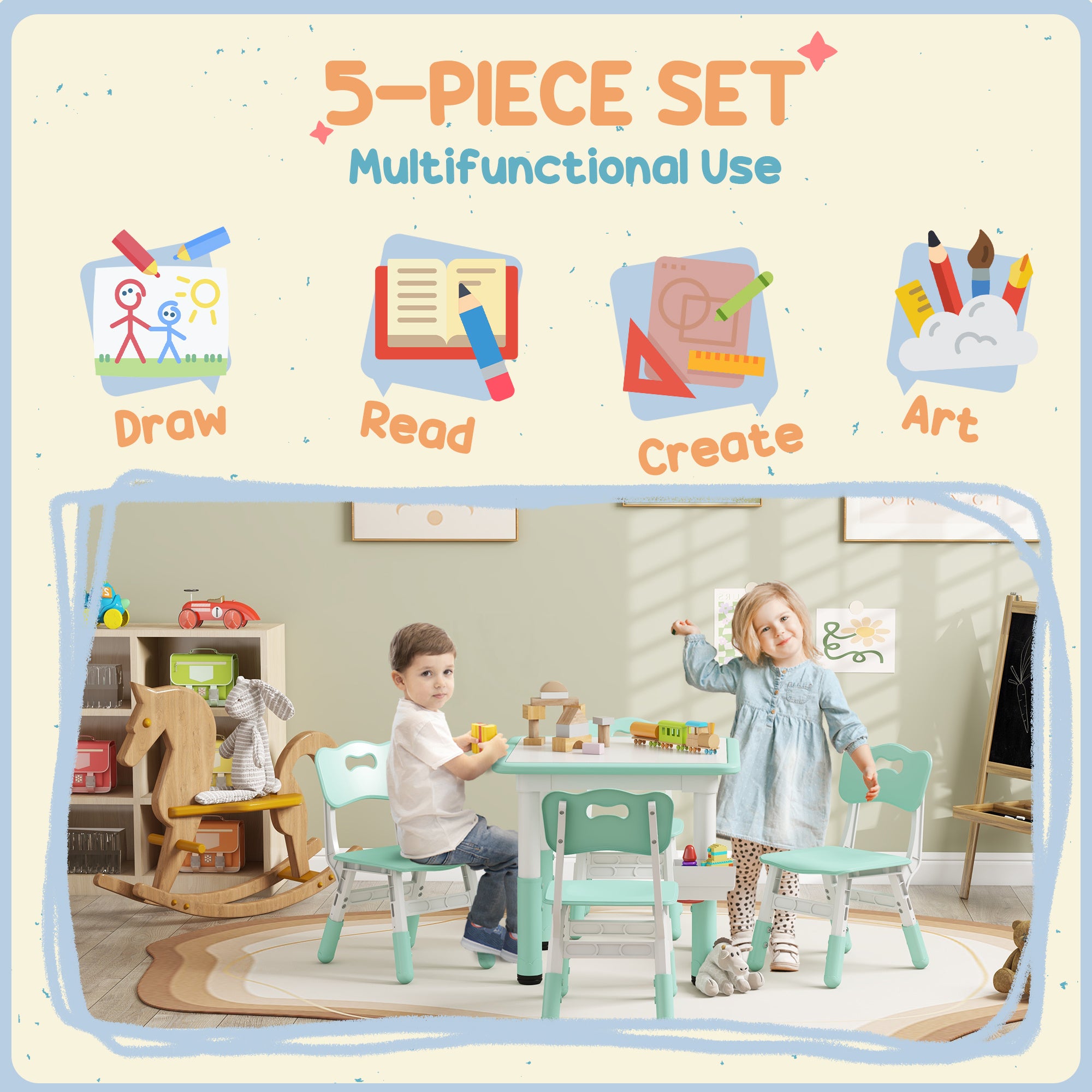 Height Adjustable 5pc Toddler Table and Chair Set with Storage Box